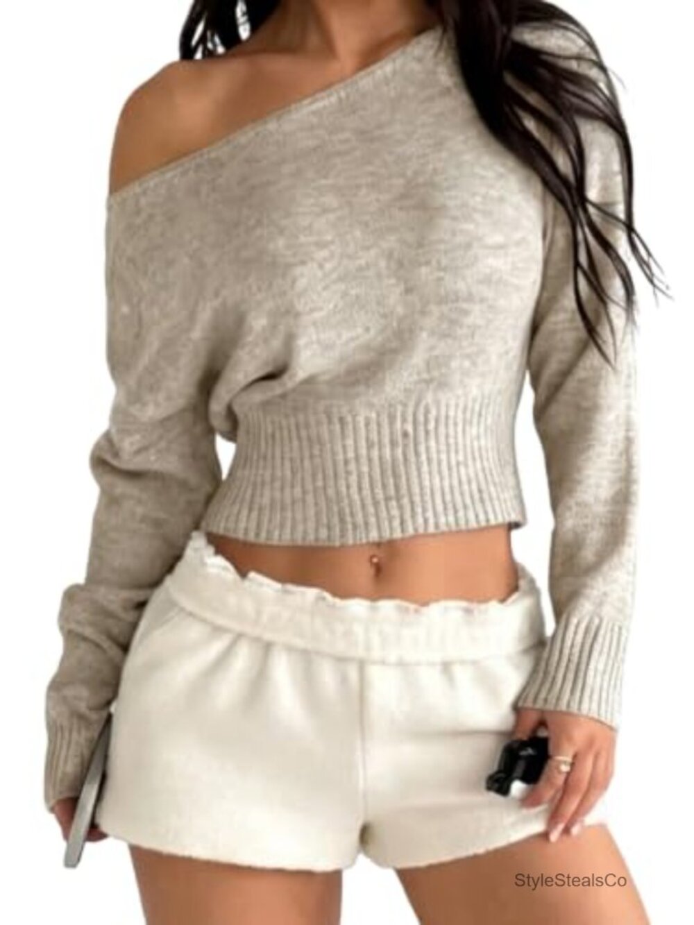 Women's Cropped Off Shoulder Sweater Fuzzy Knit Long Sleeve Going Out Top